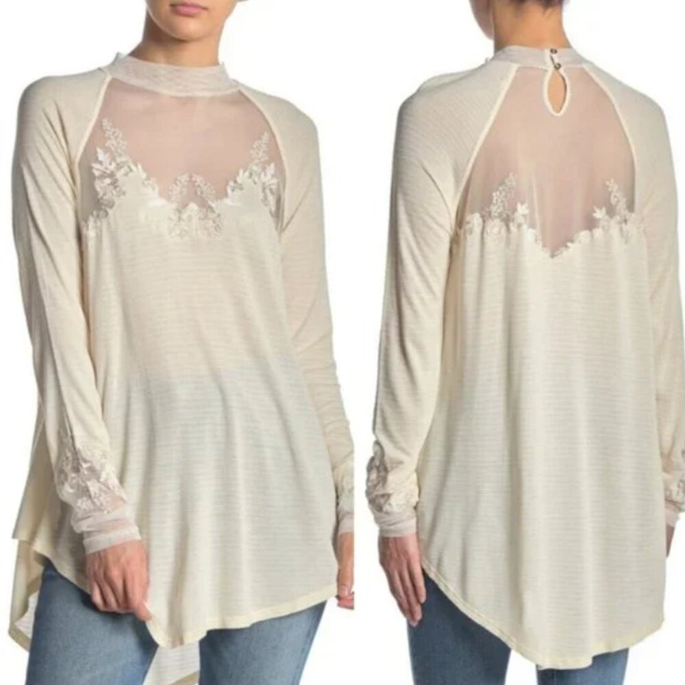 Free People "Saheli" Ivory Embroidered Mesh Top